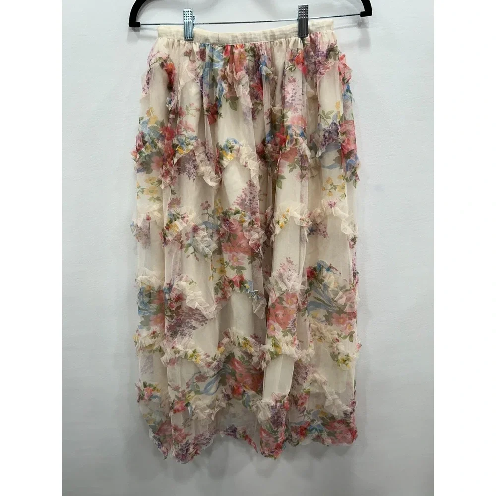 Shein Womens S Cream Midi Skirt Floral Fairy Ruffle Romantic Cottagecore